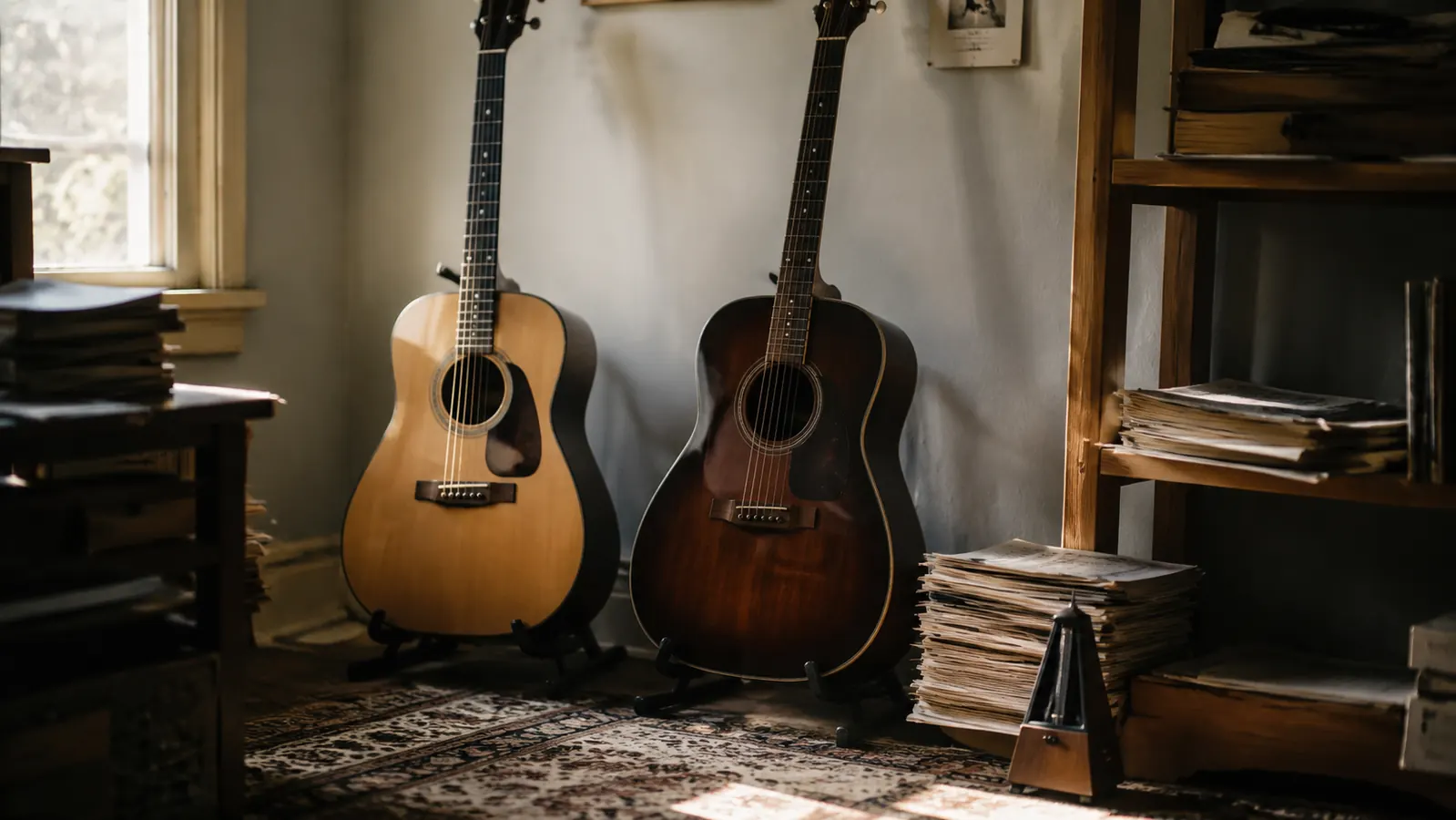 A music teacher's studio wall in soft morning light, two acoustic guitars on stands beside a stack of sheet music and a small metronome