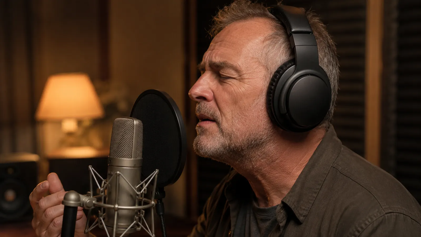 A singer wearing closed-back monitor headphones tracking a vocal into a condenser microphone in a small home studio with warm lamp light