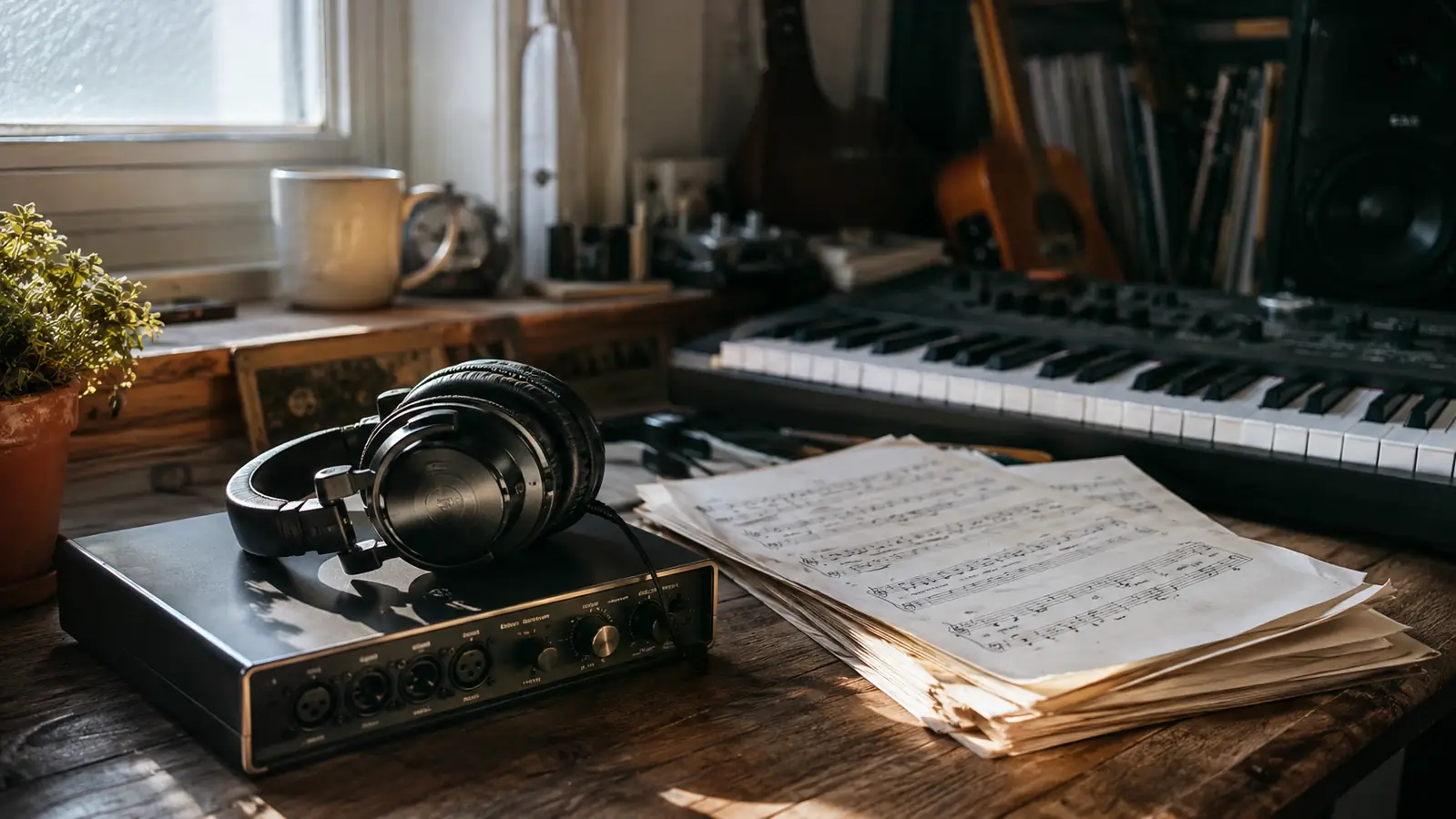 A working home studio desk beside a window in soft morning light, a pair of closed-back monitor headphones resting on a small audio interface near a keyboard and sheet music