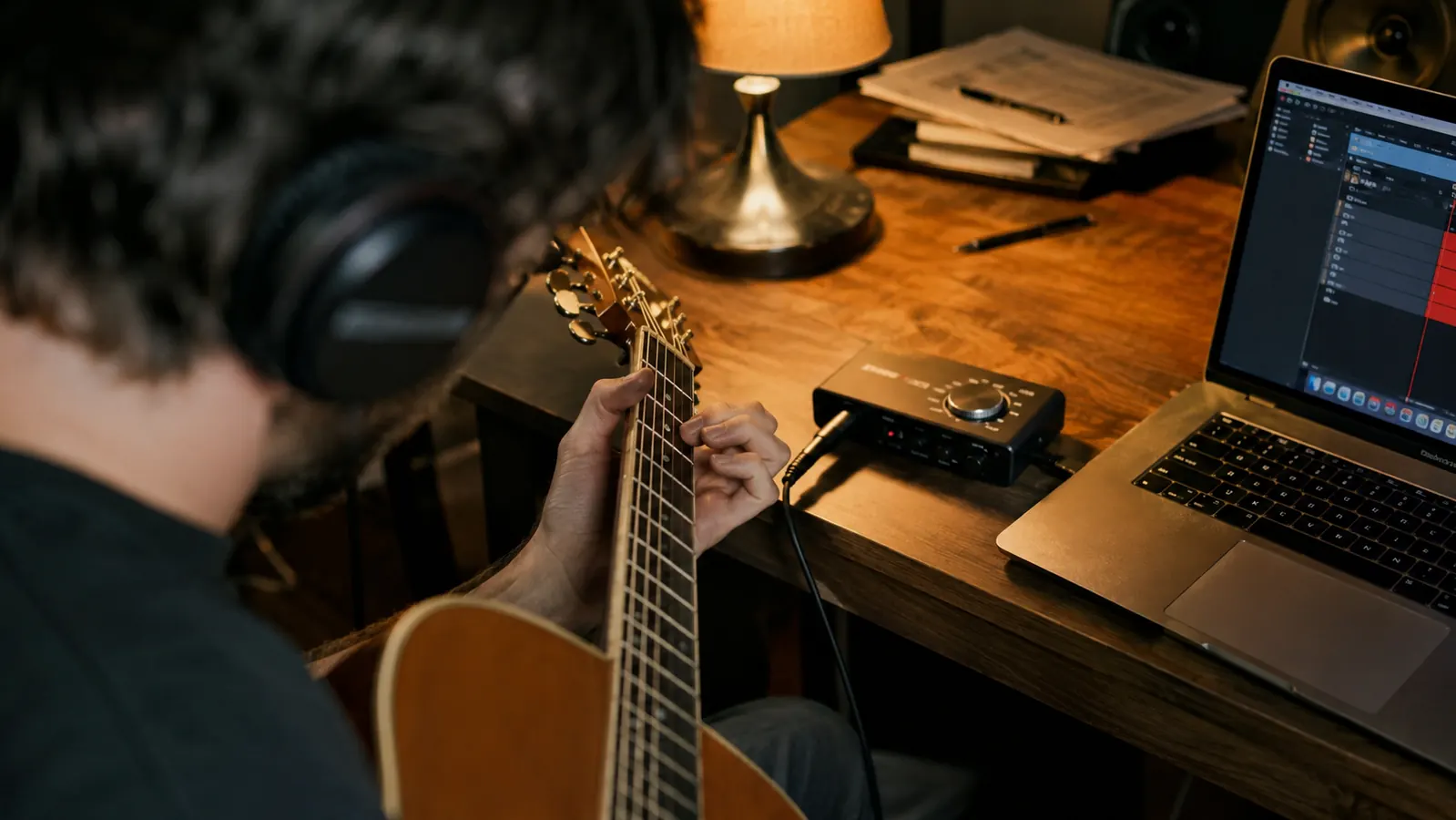 A musician's hands fretting an acoustic guitar in a home office studio, a laptop showing recording software on the desk beside a compact audio interface
