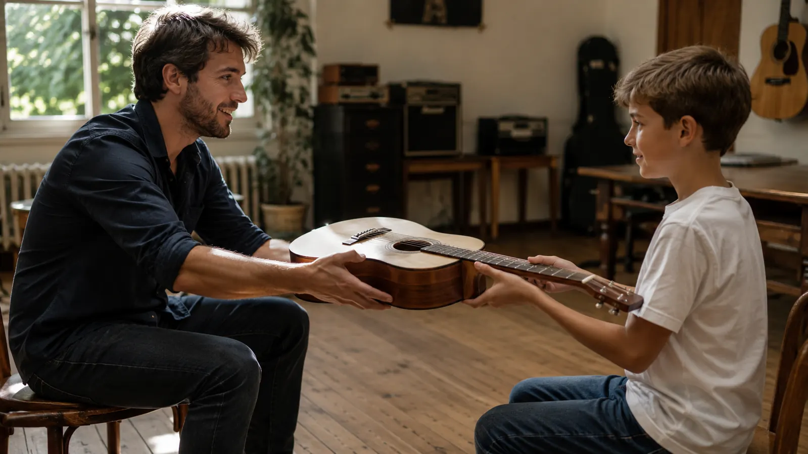 A guitar teacher hands an acoustic guitar to a young student across a sunlit music studio