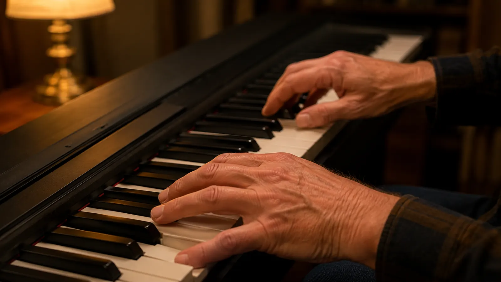 A man's hands playing a simple melody on a digital piano keyboard in warm lamp light