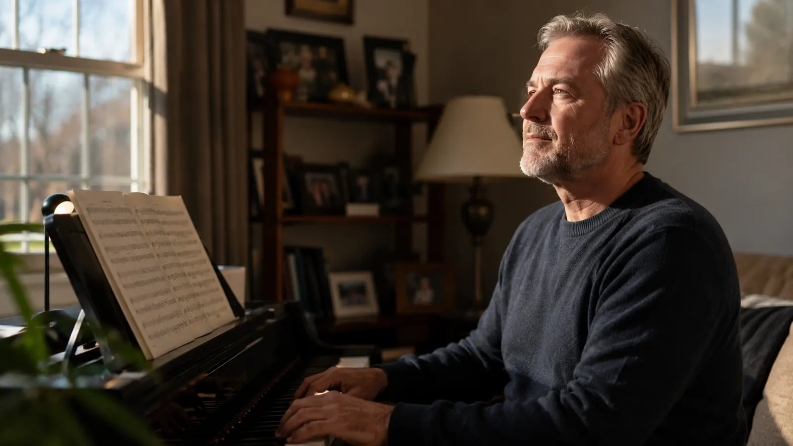 A man in his early fifties seated at a digital piano in a warm living room corner, practicing from sheet music in the late afternoon light