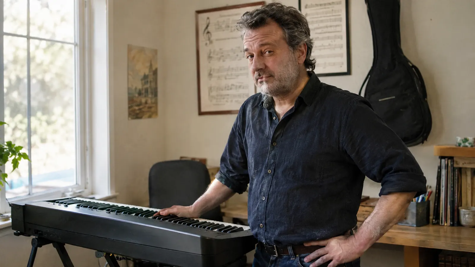 A music teacher standing beside an 88-key digital keyboard in a studio, arms crossed, giving the instrument a long, evaluating look in morning light.