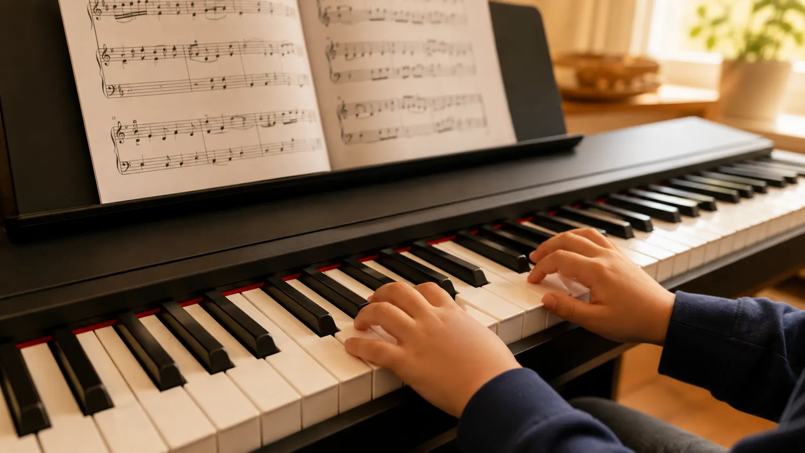 A child's hands working through a chord practice on an 88-key digital piano keyboard, sheet music resting on the stand in front