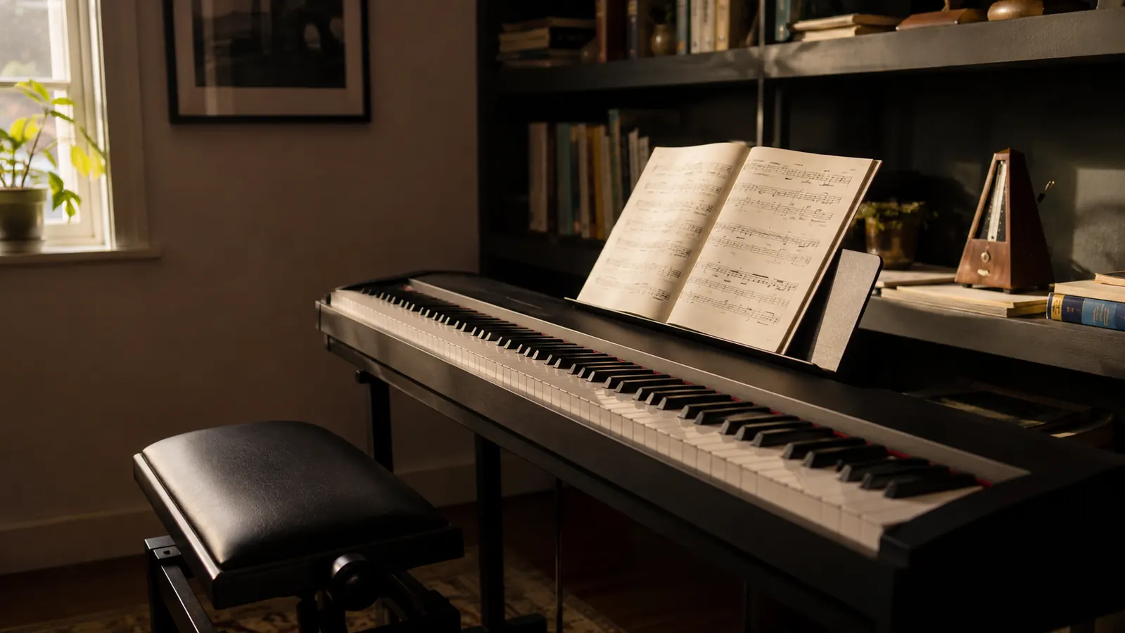 An 88-key digital piano on a stand in a music teacher's studio corner, open sheet music on the music rest, warm afternoon light through a window