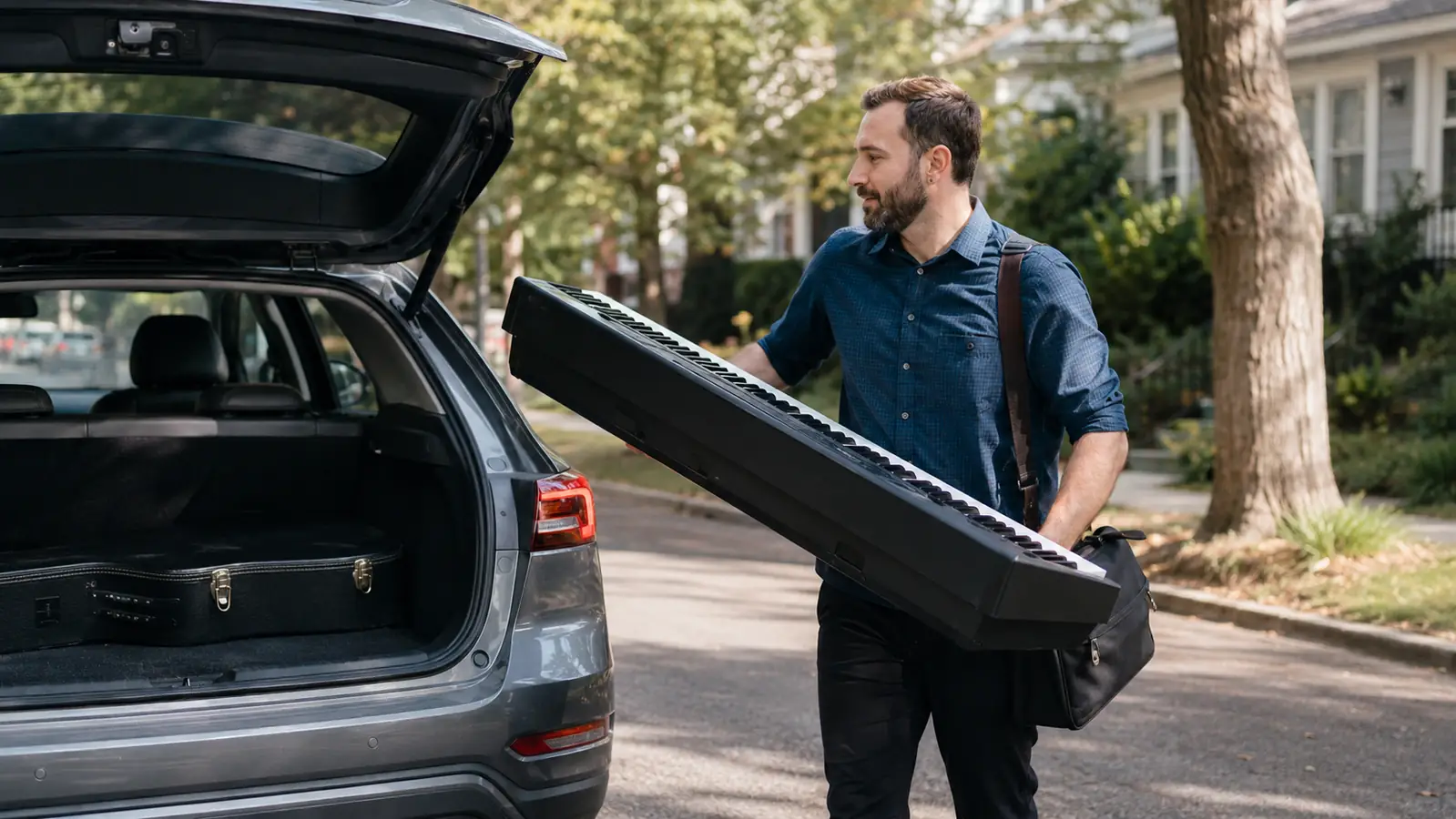 A music teacher carries the 88-key digital piano toward the trunk of a car on a residential street for taking it to a lesson