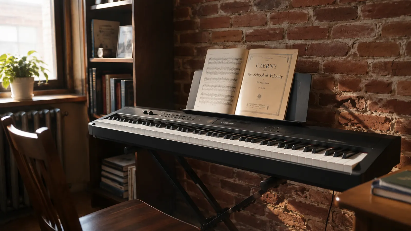 An 88-key digital piano on a folding X-stand in a corner practice room, open method book on the music rest, morning light through the window