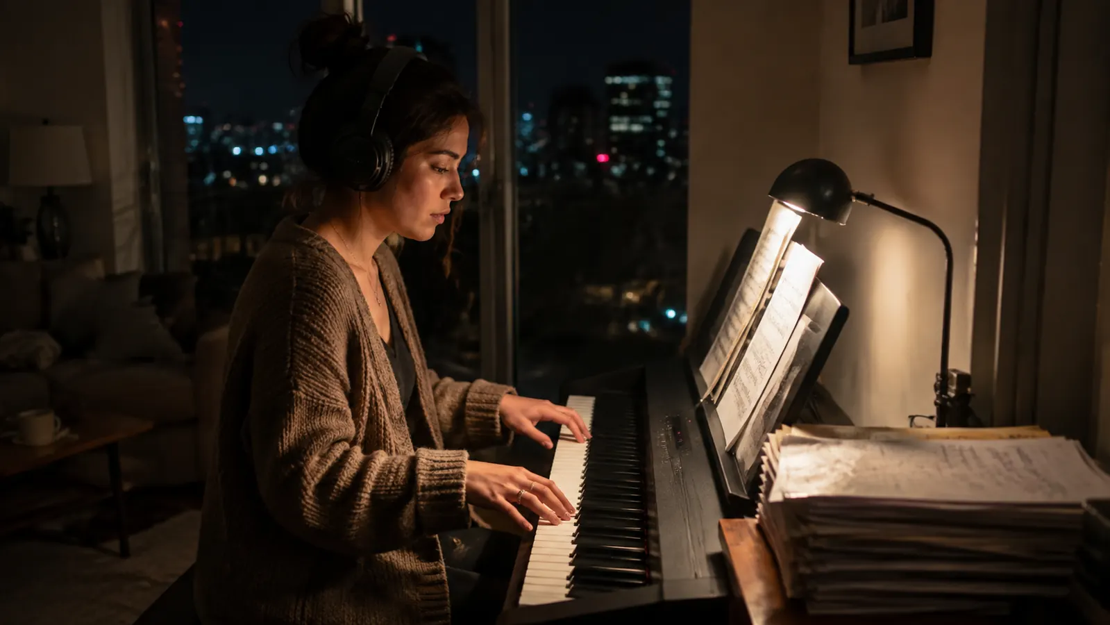 A woman wearing large over-ear headphones plays a digital piano in a dim apartment at night, city lights visible through a window behind her.