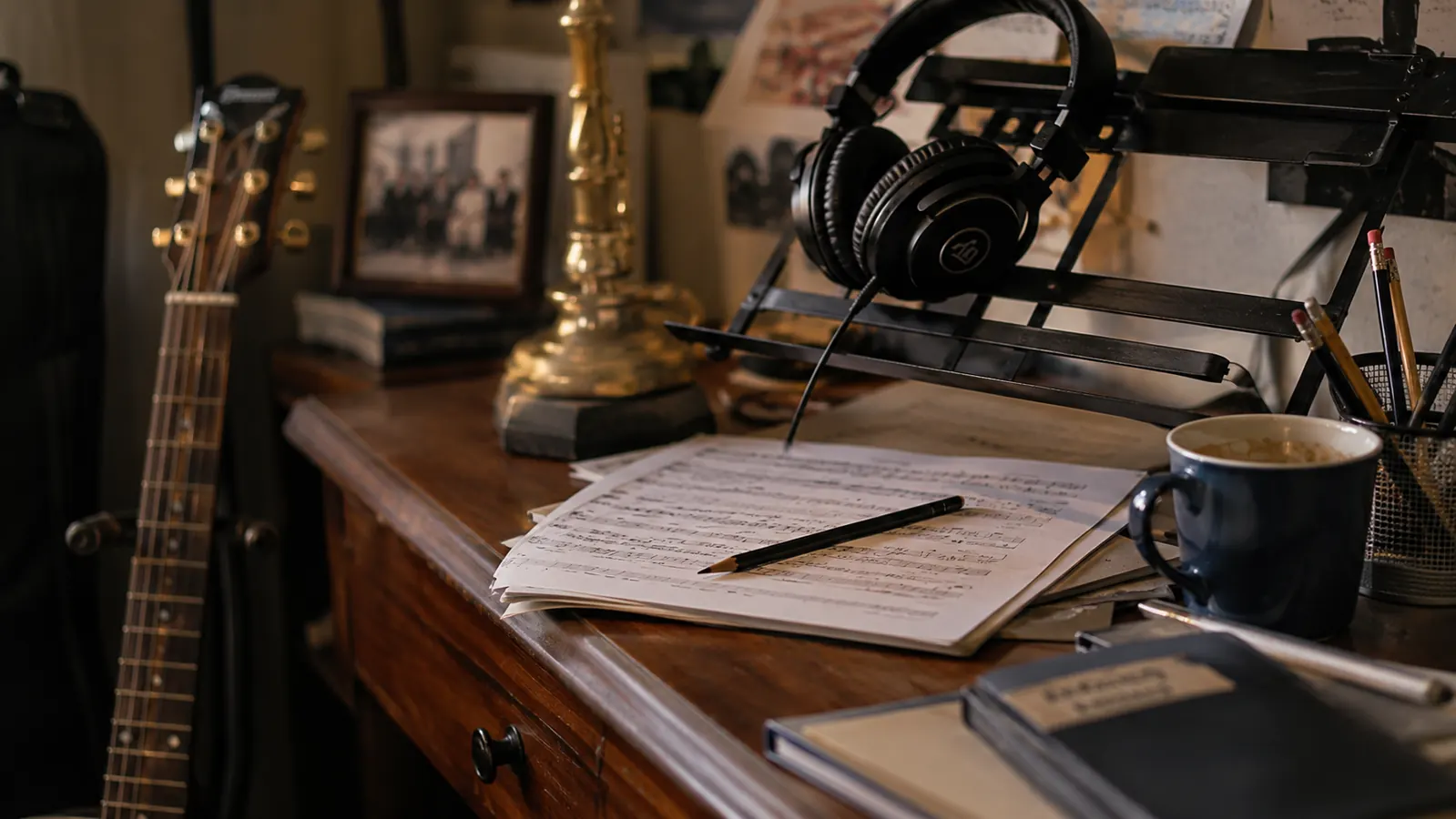 A teacher's studio desk in soft light with closed-back monitor headphones resting on a folded music stand, sheet music open beside them.