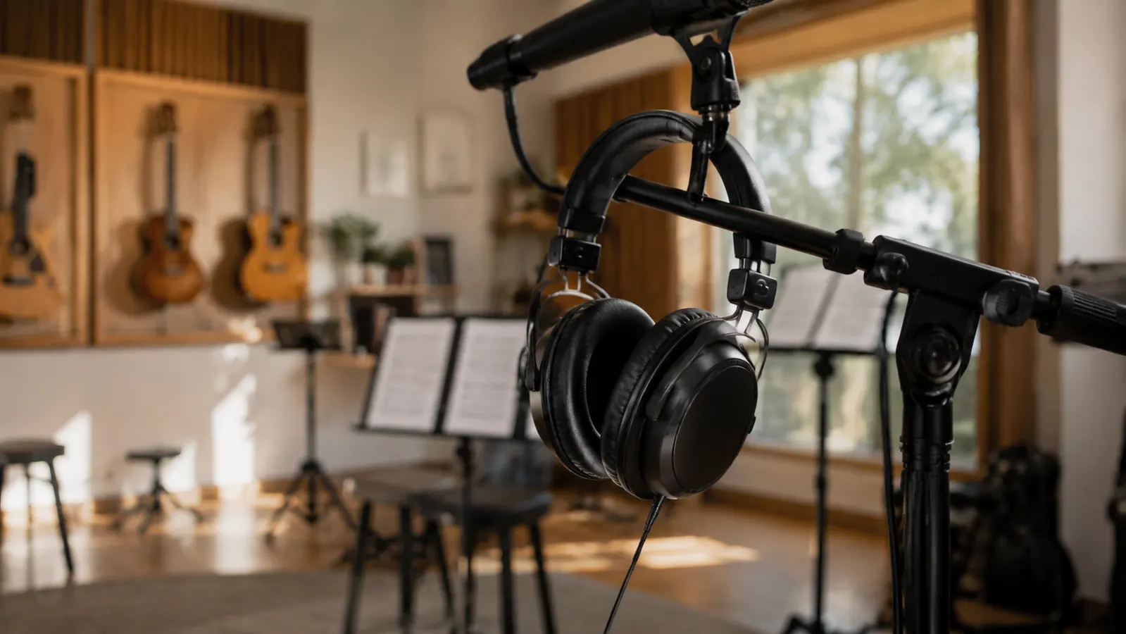 Closed-back over-ear headphones hanging on a mic stand in a bright teaching studio with guitars on wall stands.