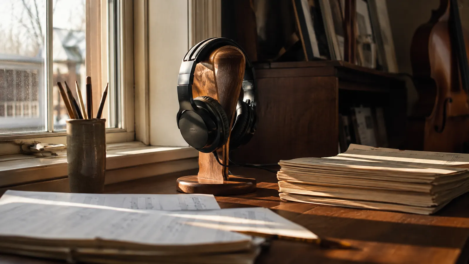 Closed-back studio headphones resting on a wooden headphone stand next to a stack of sheet music on a teacher's desk in morning light.