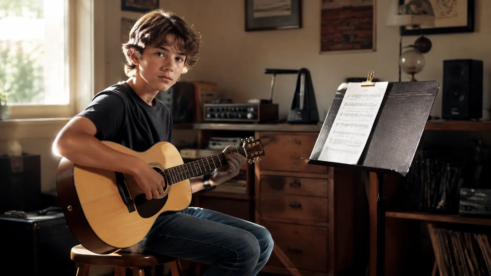 A 12-year-old boy practicing an acoustic guitar in a music studio in the afternoon