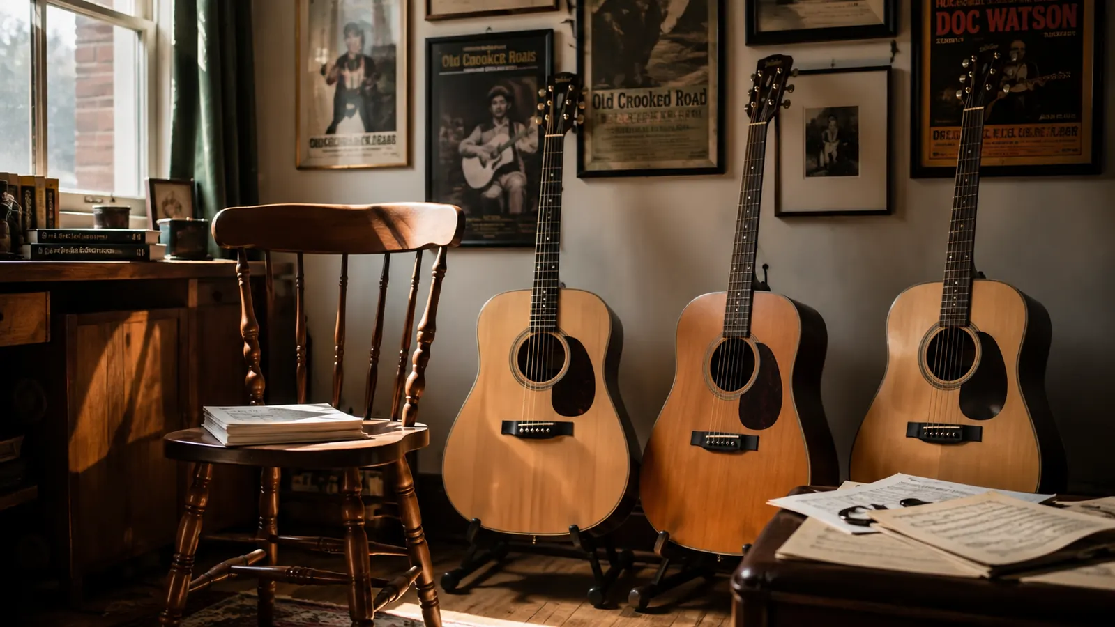 A home music studio with three acoustic guitars on stands by a bright window.