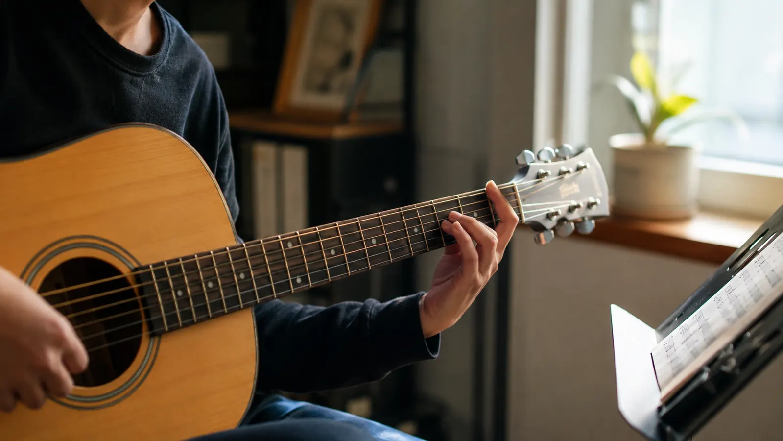 A student's hands fretting an acoustic guitar in a warm teaching studio, sheet music on a stand beside them