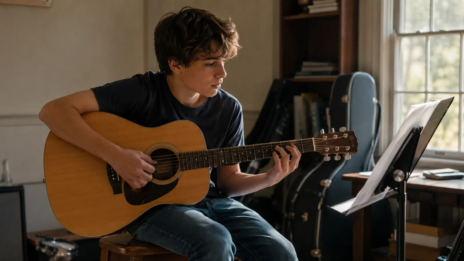 A young student sits on a wooden stool practicing a chord on a dreadnought acoustic guitar, a music stand with sheet music beside them