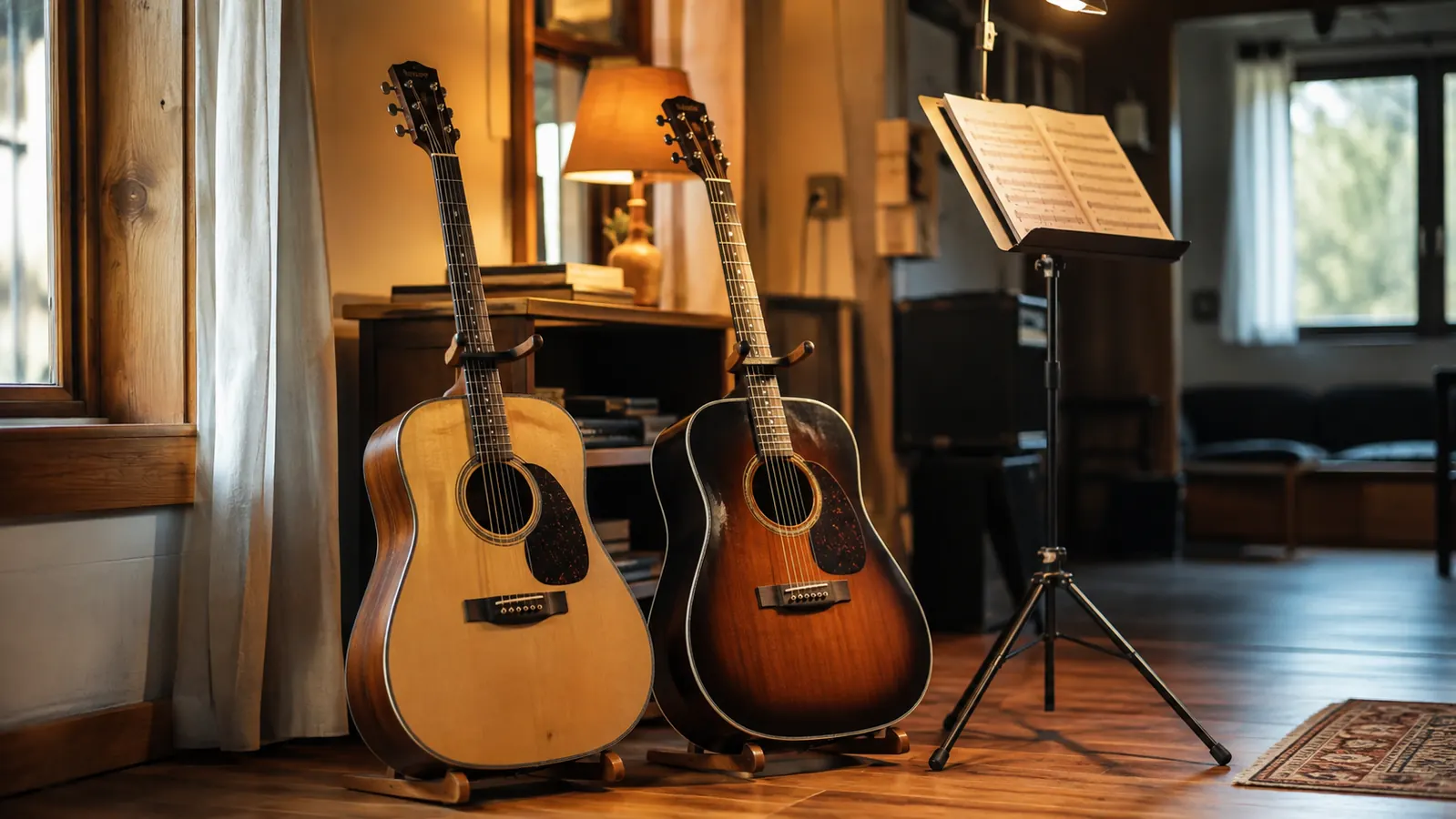 Two dreadnought acoustic guitars resting on wooden stands in a warm, sunlit practice room, with sheet music on a stand nearby