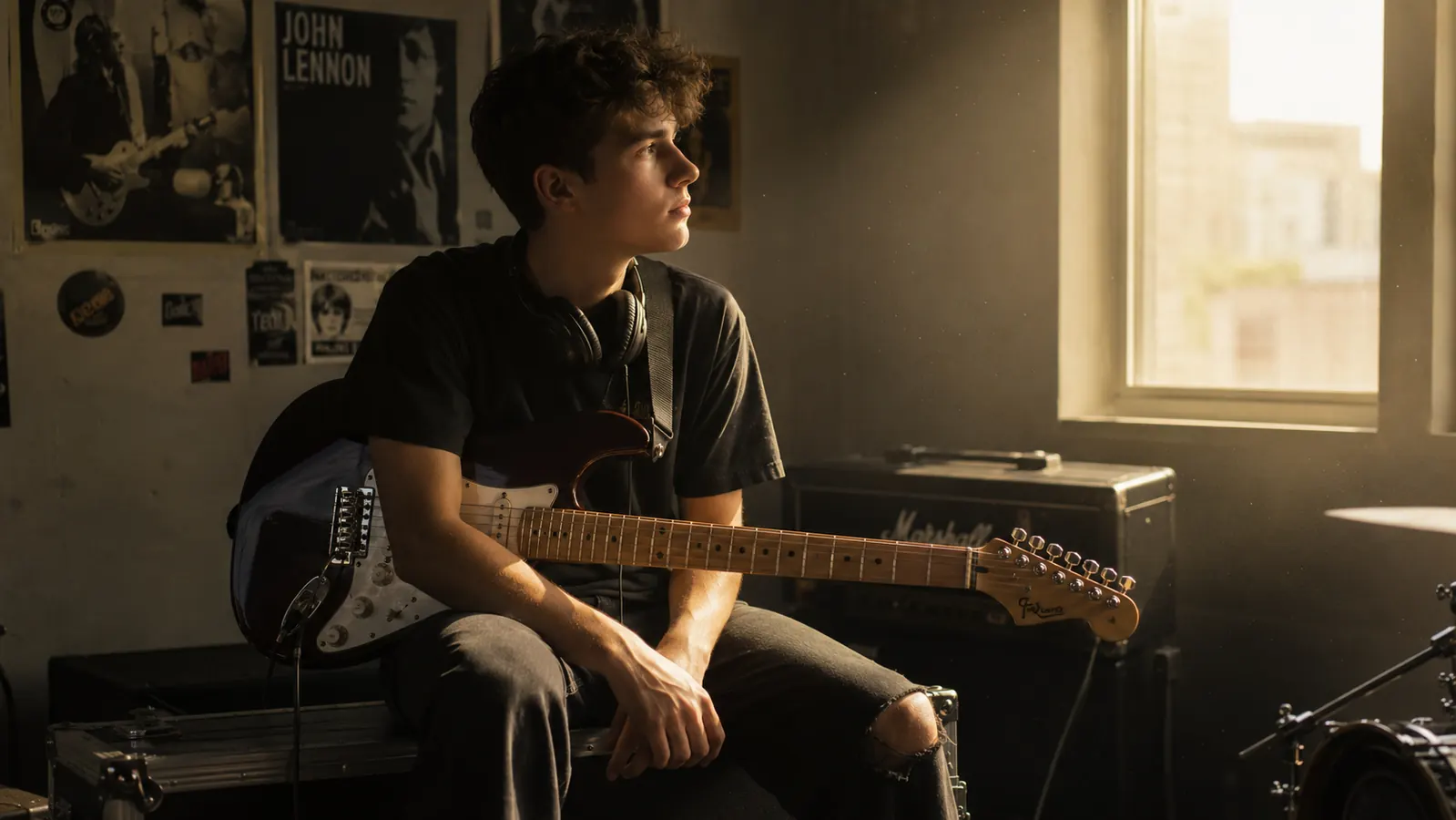 Teen guitarist sitting on an amplifier case in a dim practice room, headphones around his neck, holding an electric guitar