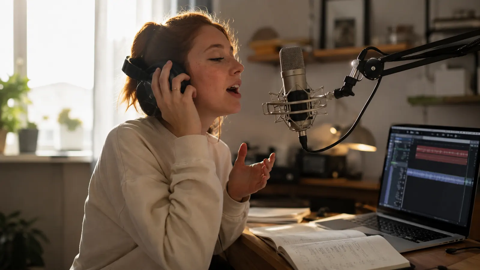 A teenager at a condenser microphone on a boom arm wearing headphones over one ear, seated at a studio desk that holds a laptop, in warm afternoon light