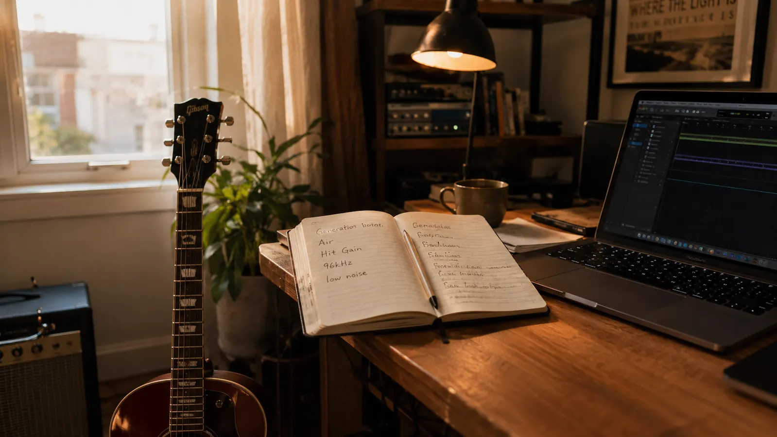 A music teacher's home studio desk at golden hour, an open session log notebook next to a laptop, a guitar leaned against the desk