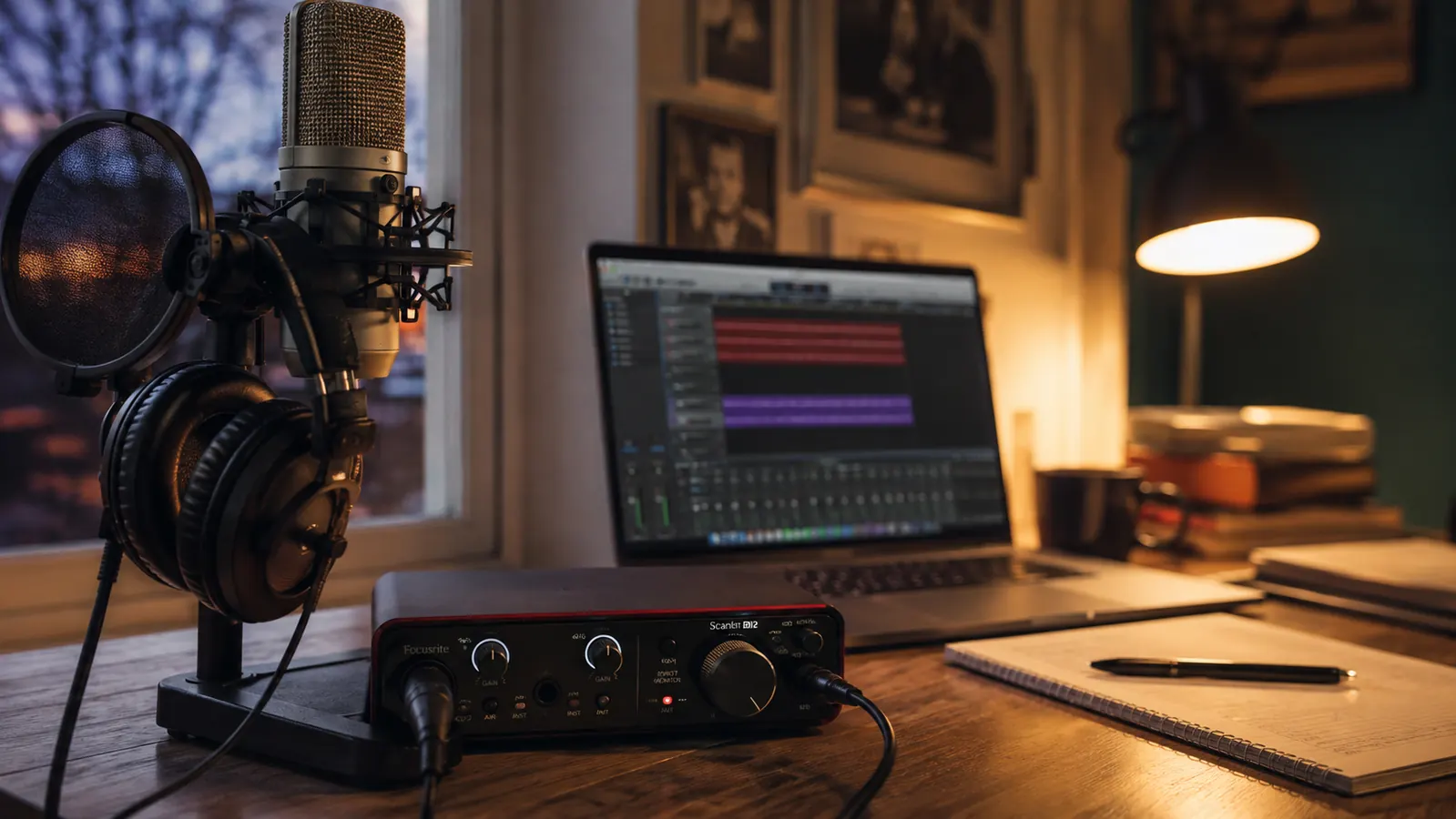 A compact audio interface sits on a home studio desk beside a microphone on its stand, headphones hanging nearby and a laptop open in warm lamp light.