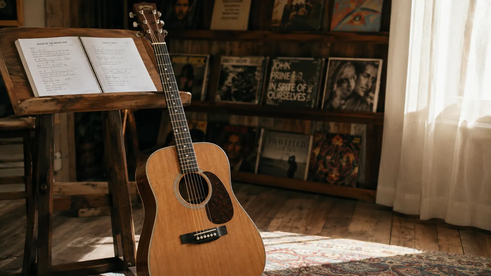 A dreadnought acoustic guitar leaning against a music stand in a sunny teaching studio, an open songbook on the stand