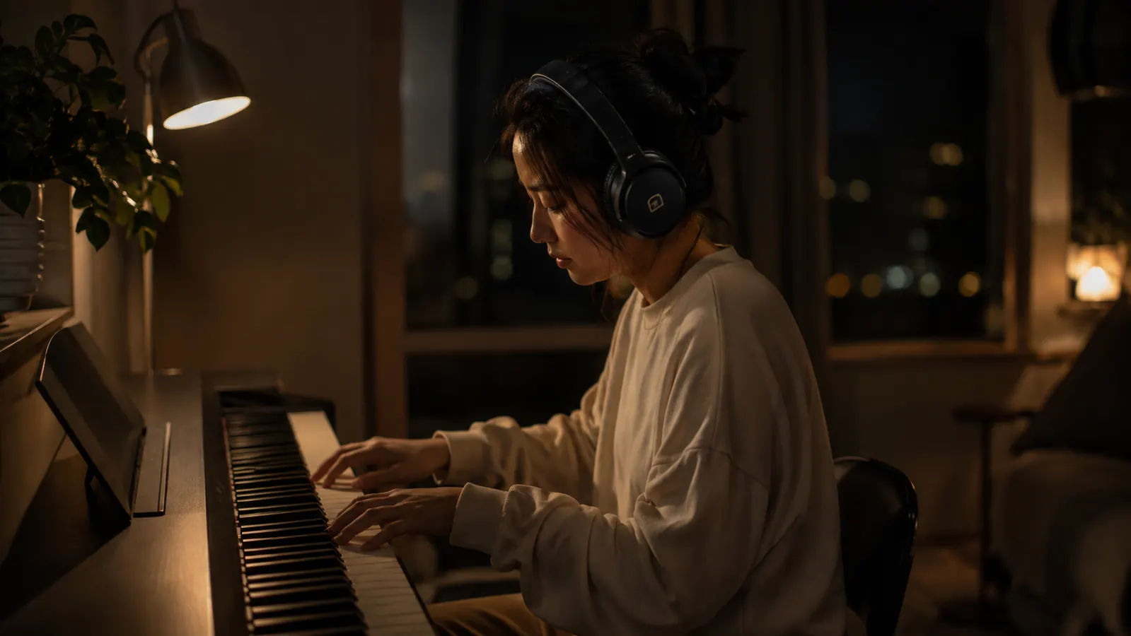 A person seated at a digital piano in a dim living room late at night, wearing headphones, with a small lamp as the only light