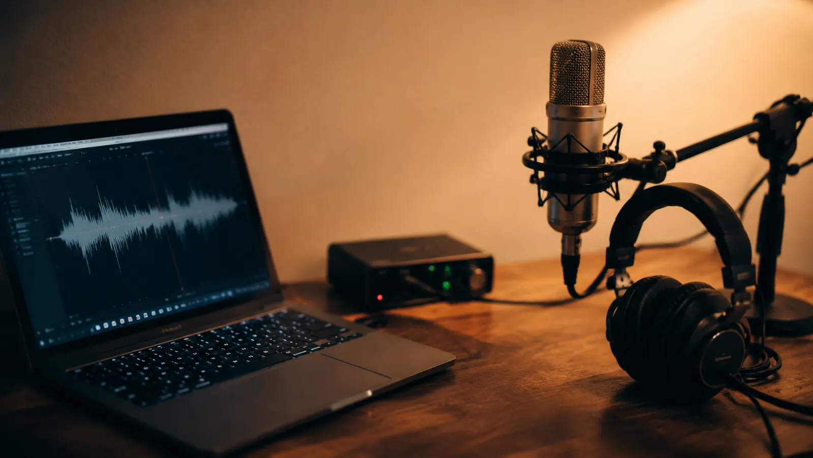A small home recording desk at dusk with a laptop showing an audio waveform, a microphone on a boom stand, headphones, and a compact audio interface beside the computer