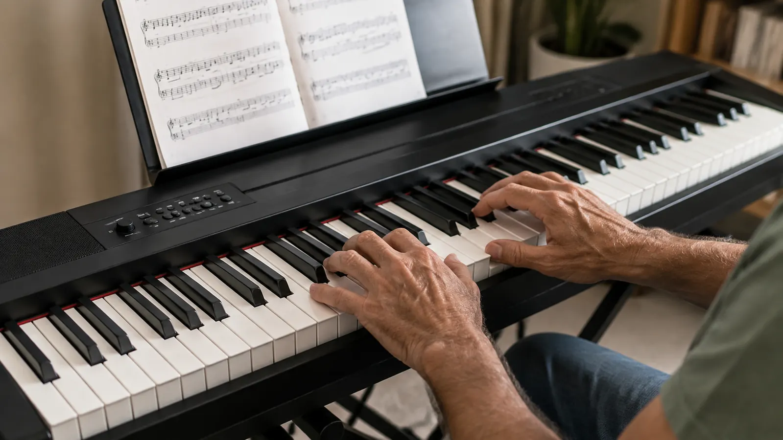 A student's hands playing a chord in the middle of the Alesis Recital keyboard, sheet music propped on the rest