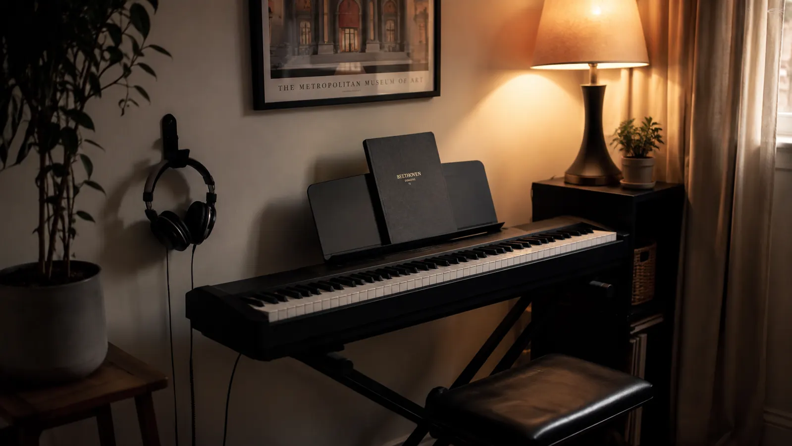 An evening practice corner with headphones hanging on a wall hook beside the keyboard and a warm lamp lit