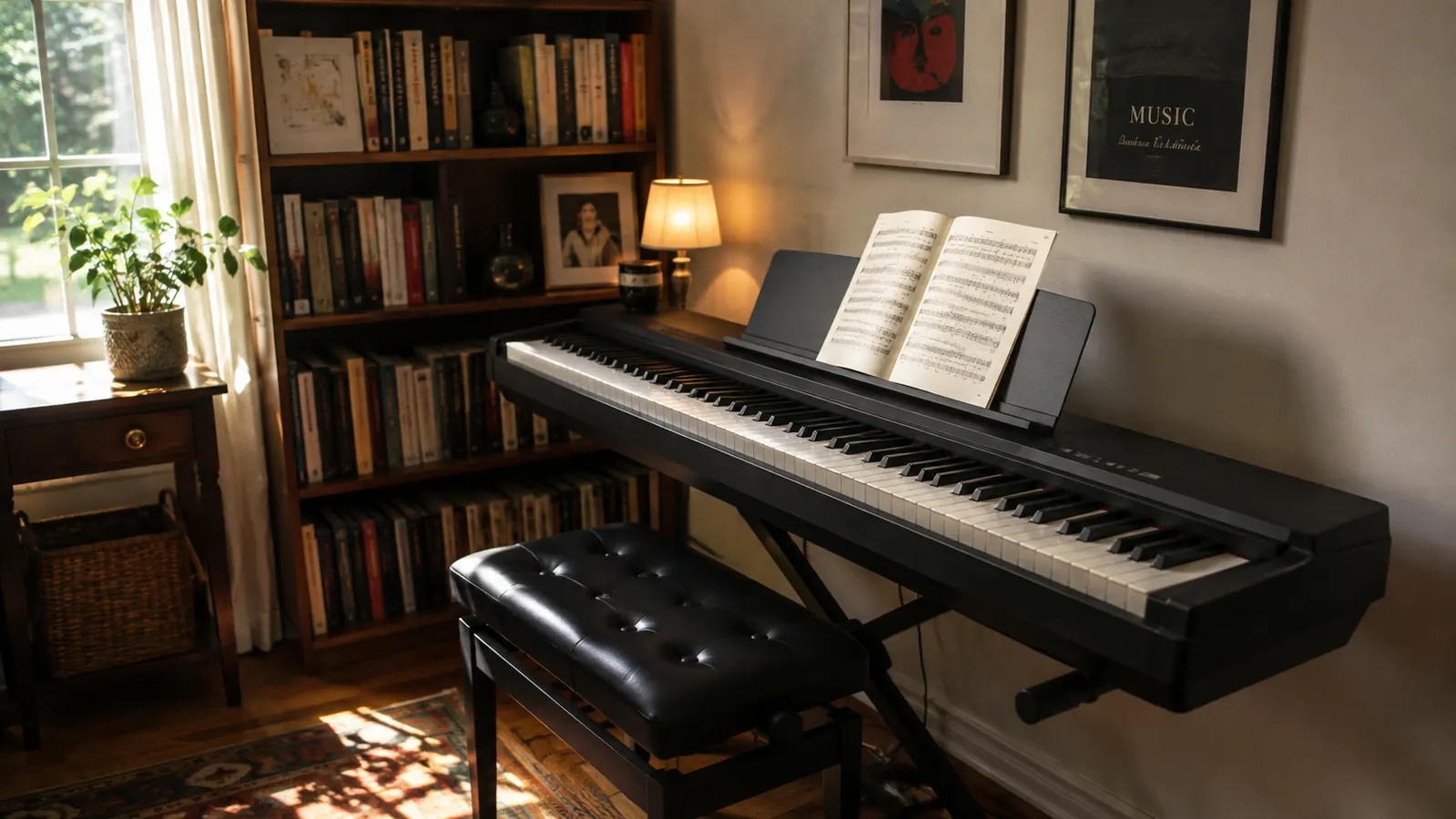 A quiet home practice corner with a digital piano on an X-stand, a padded bench, sheet music open on the rest, and a small lamp glowing