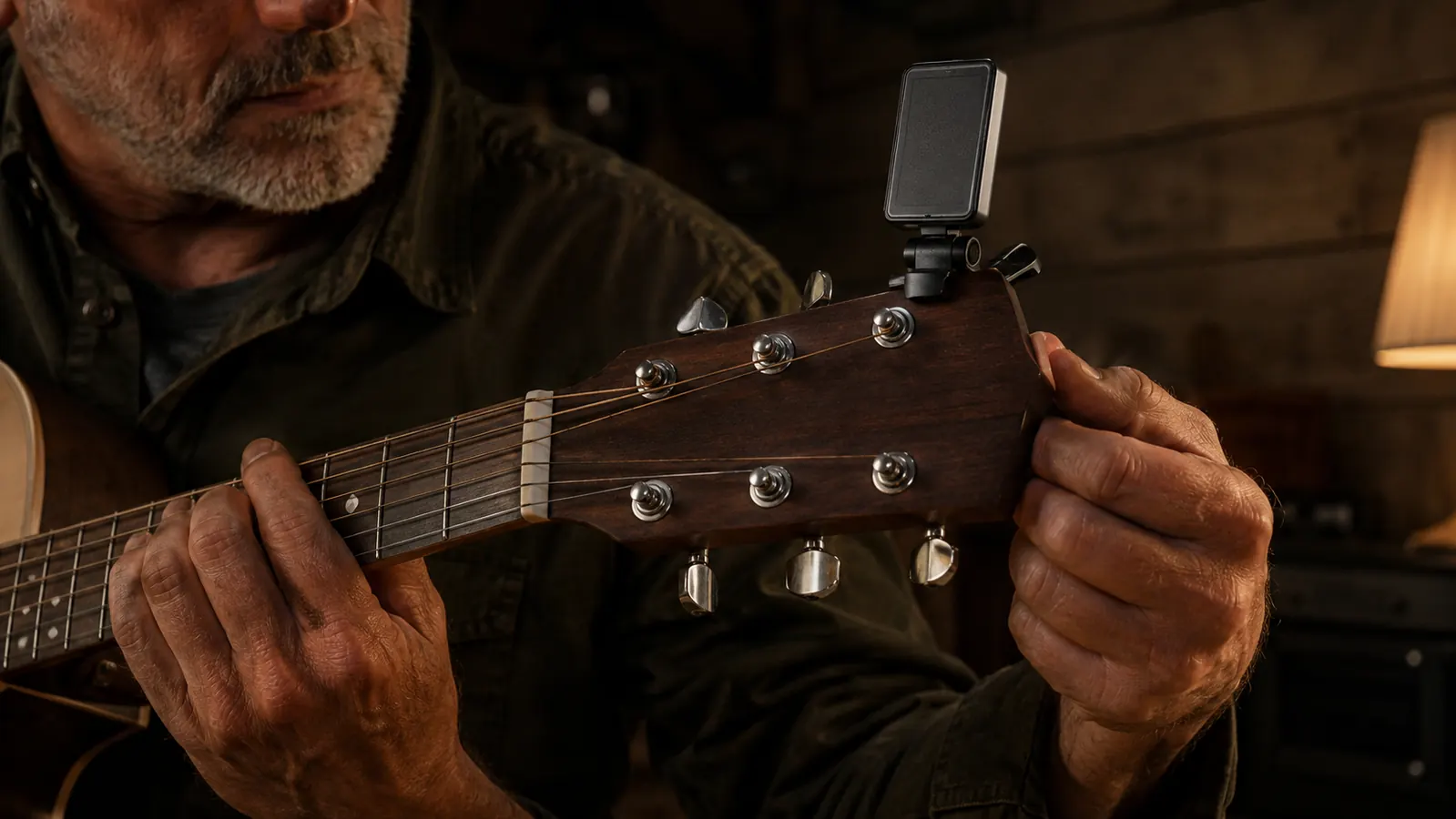 A guitarist's hand turning a tuning peg while a clip-on tuner on the headstock shows the string centered