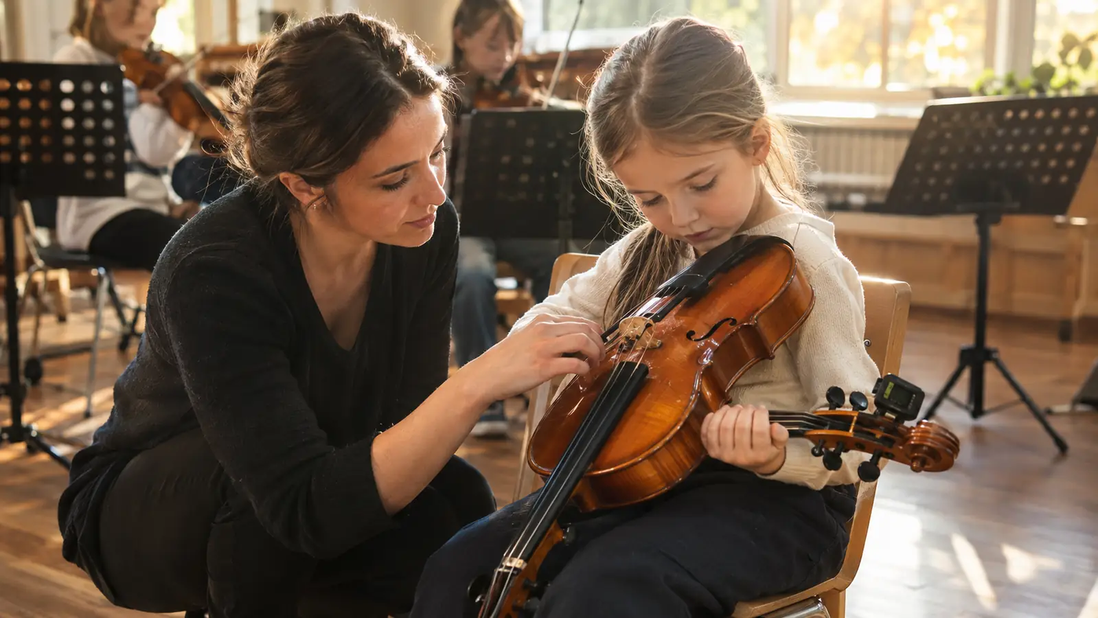 A music teacher kneeling beside a young viola student during a warm afternoon group lesson, a small tuner clipped to the viola's head