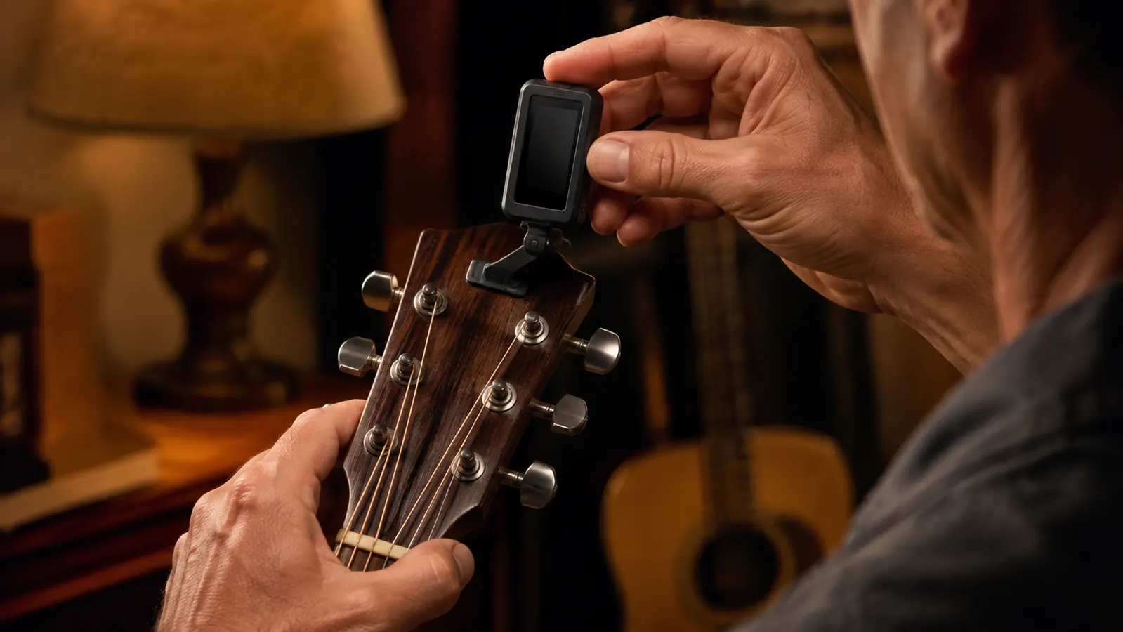 A student's hand clipping the tuner onto an acoustic guitar headstock, the display turned to face the player