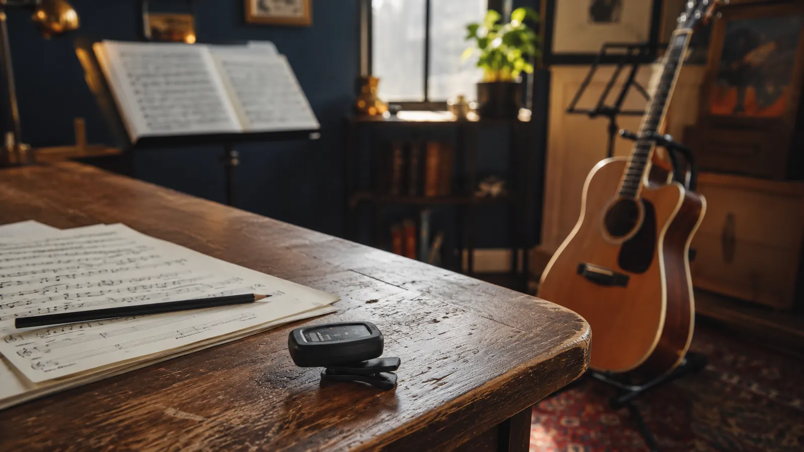 A small clip-on tuner resting on a teacher's desk beside sheet music, an acoustic guitar blurred on a floor stand behind it in warm morning light