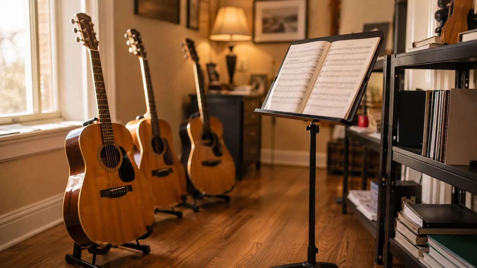 A small teaching studio with several guitars on floor stands near a window, sheet music on a stand, warm afternoon light