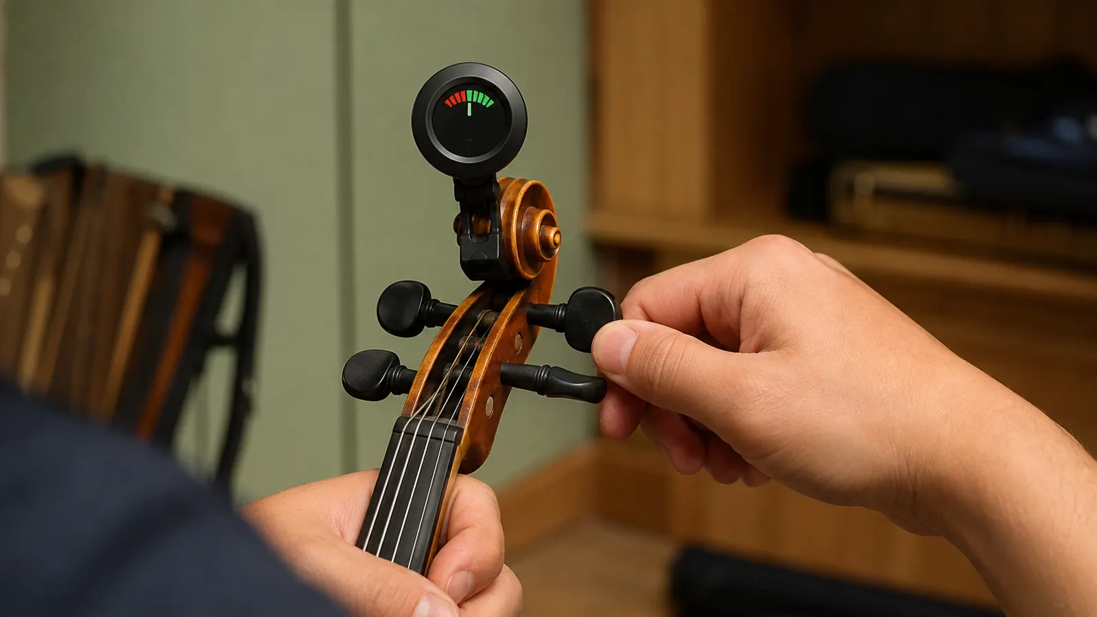 A young student's hand adjusting a tuning peg on a violin while a clip-on tuner sits on the pegbox