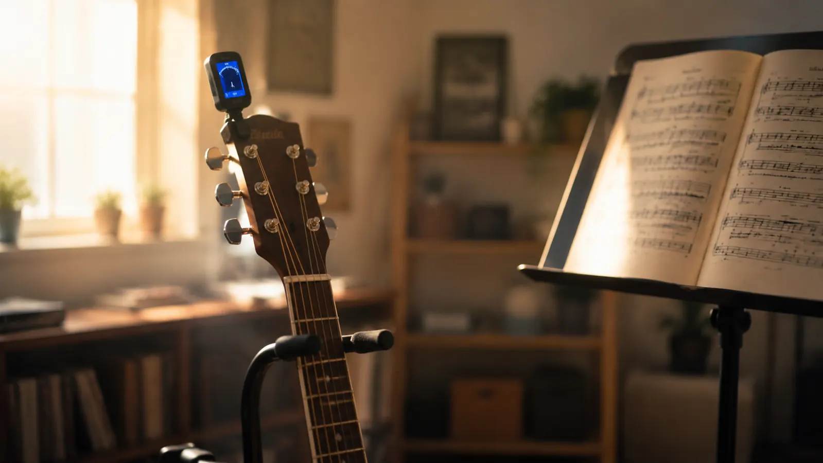 A small clip-on tuner clipped to the headstock of an acoustic guitar in a practice room, sheet music on a stand blurred behind it